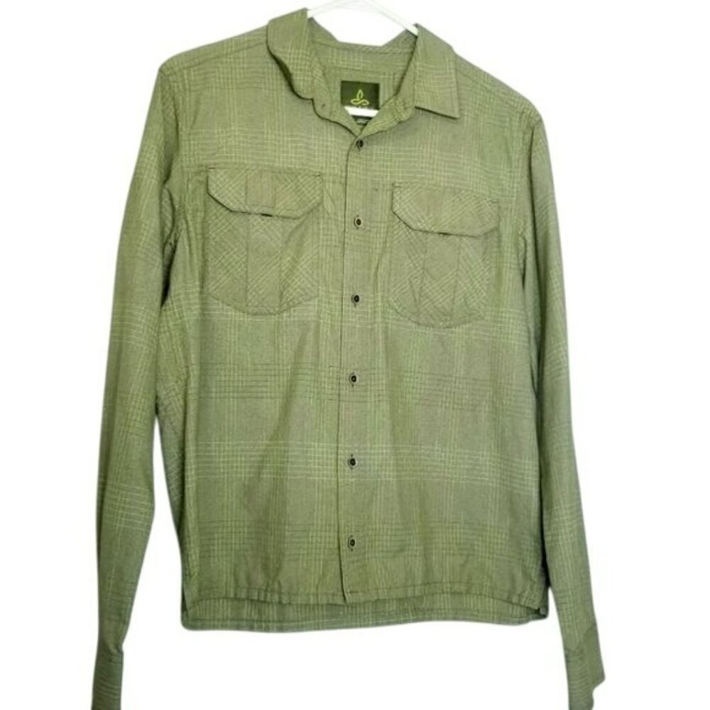 Prana Mens Long Sleeve Plaid Button-Down Shirt S‎ Olive Green Cotton